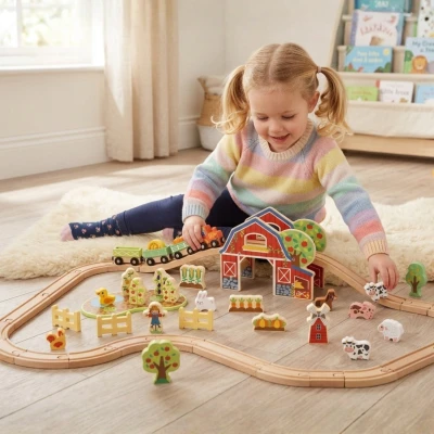 TOOKY TOY Drewniana Kolejka Farma Zestaw 48 el.