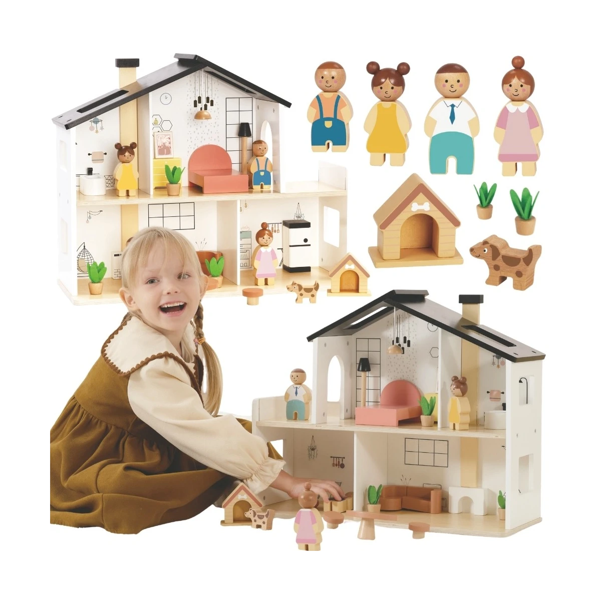 TOOKY TOY Drewniany Domek dla Lalek z Akcesoriami i Rodzinką 20 el.