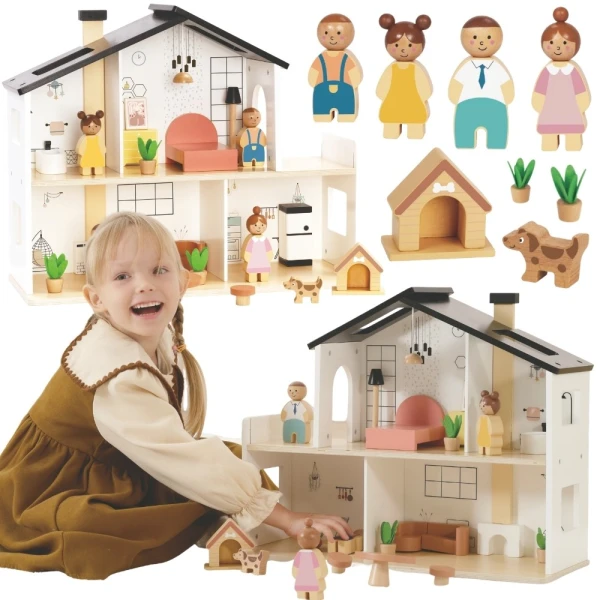 TOOKY TOY Drewniany Domek dla Lalek z Akcesoriami i Rodzinką 20 el.