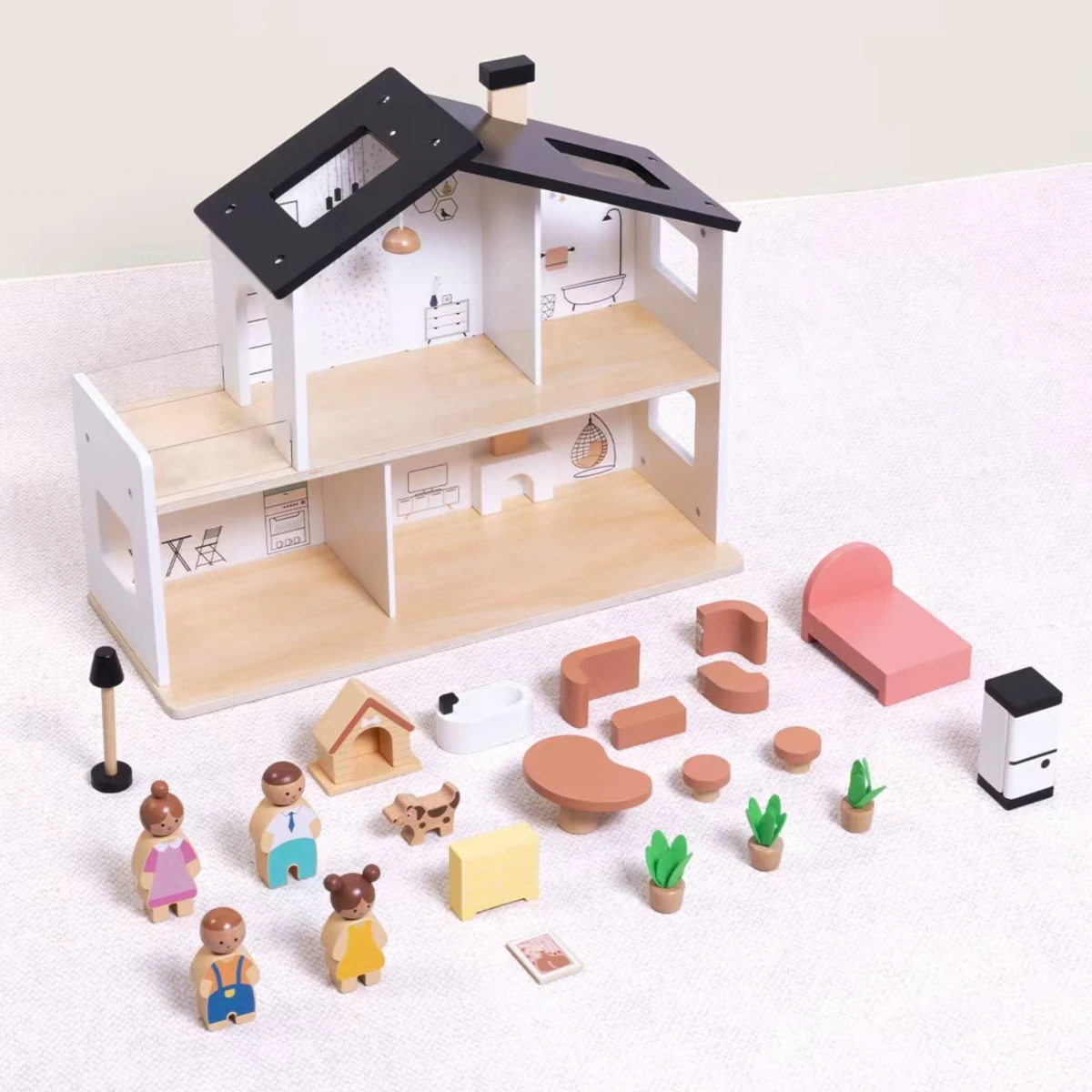 TOOKY TOY Drewniany Domek dla Lalek z Akcesoriami i Rodzinką 20 el.