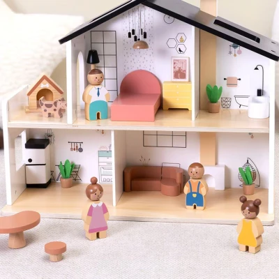 TOOKY TOY Drewniany Domek dla Lalek z Akcesoriami i Rodzinką 20 el.