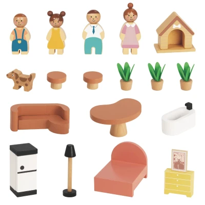 TOOKY TOY Drewniany Domek dla Lalek z Akcesoriami i Rodzinką 20 el.