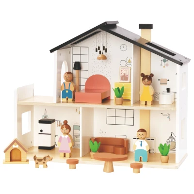 TOOKY TOY Drewniany Domek dla Lalek z Akcesoriami i Rodzinką 20 el.