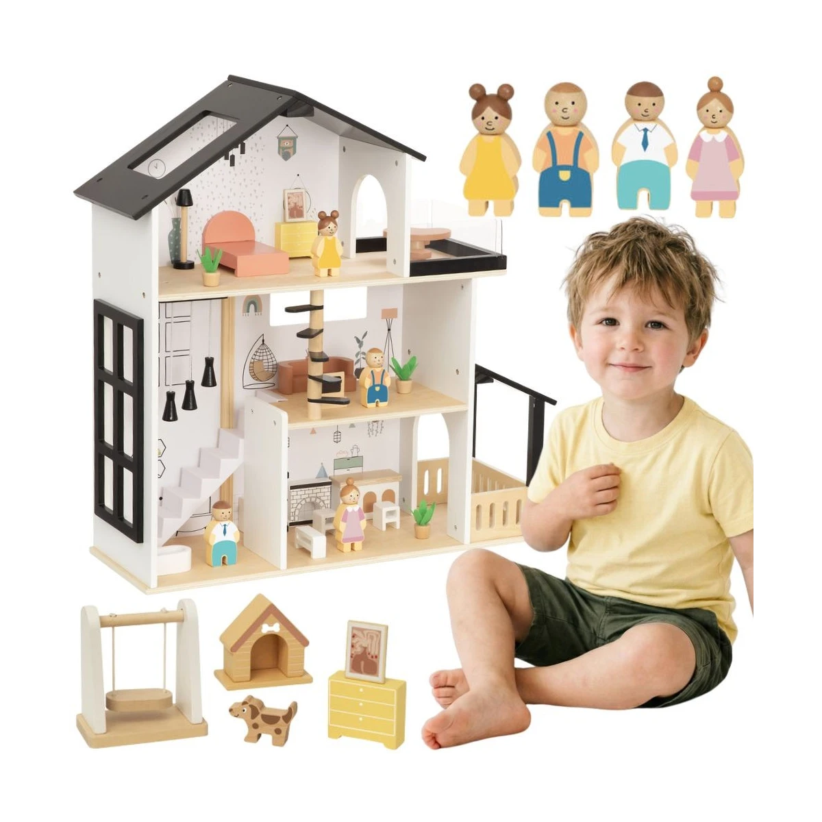 TOOKY TOY Drewniana Rezydencja dla Lalek 25 Elementów