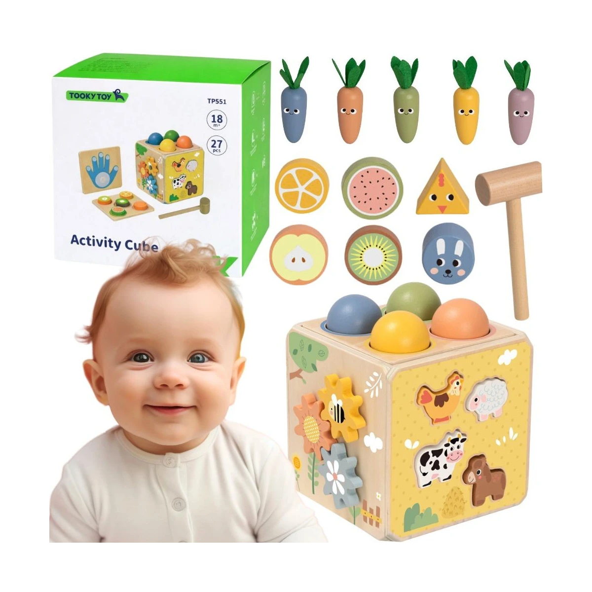 TOOKY TOY Drewniana Wiosenna Kostka Edukacyjna 5w1