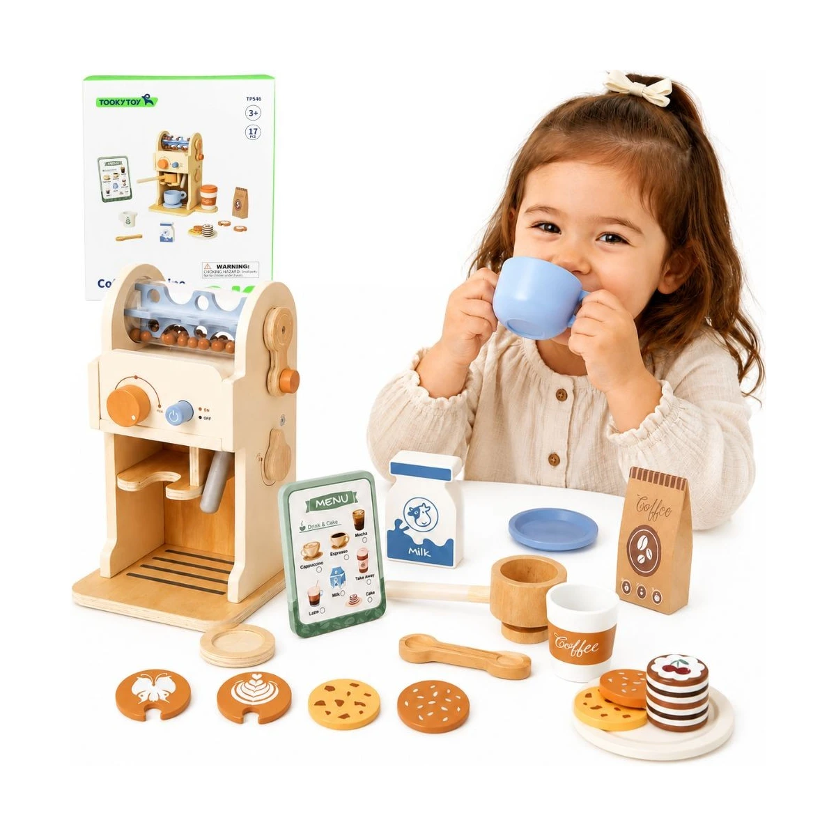 TOOKY TOY Drewniany Zestaw Do Kawy - Ekspres Baristy