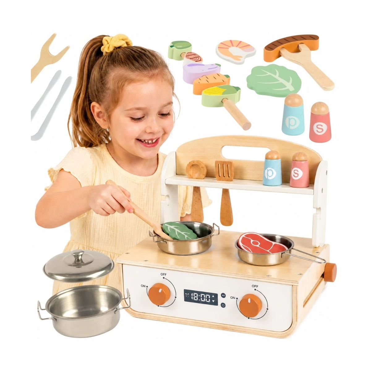 TOOKY TOY Drewniana Kuchnia z Grillem i Akcesoriam