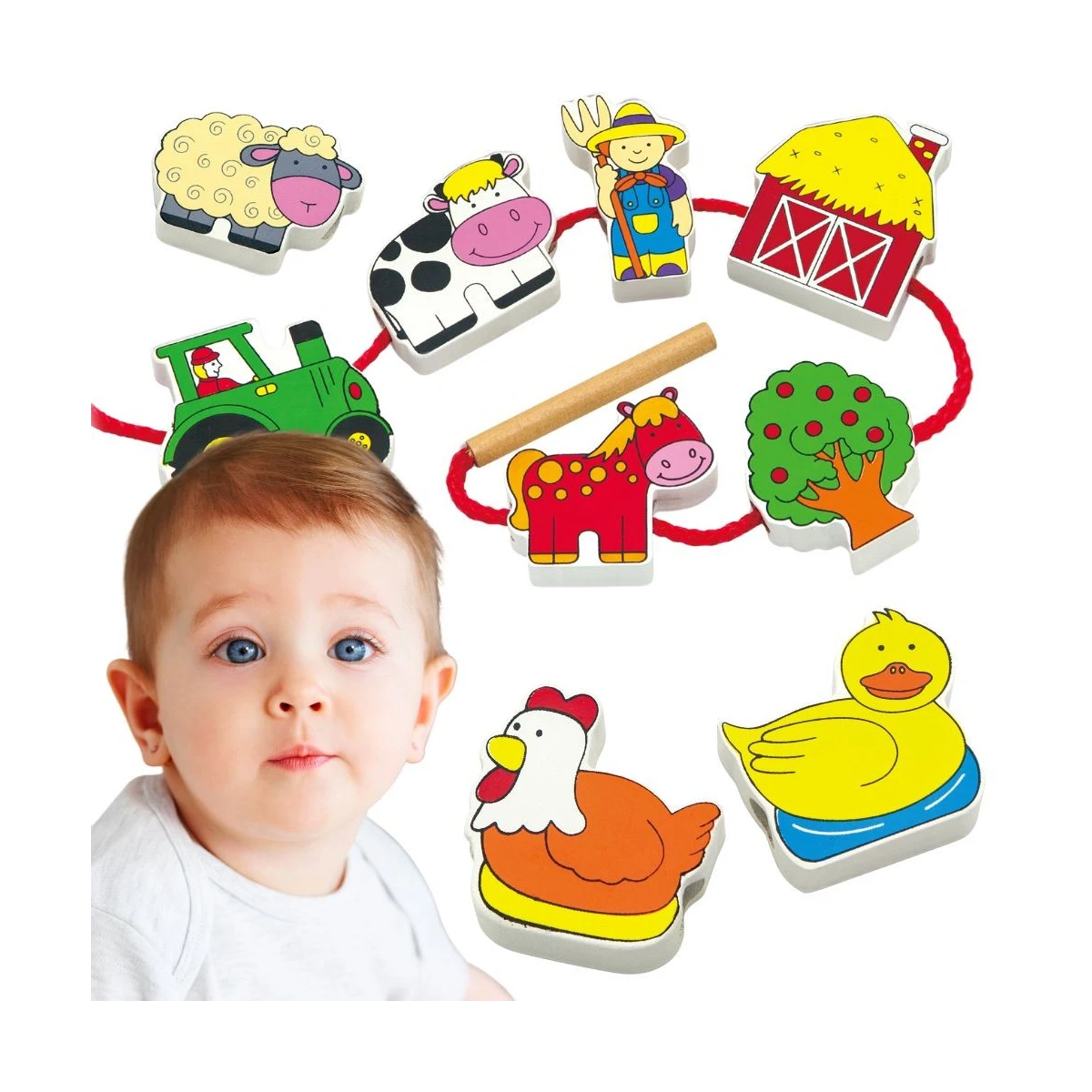 VIGA Drewniana Przeplatanka Klocki Farma do Nawlekania Montessori