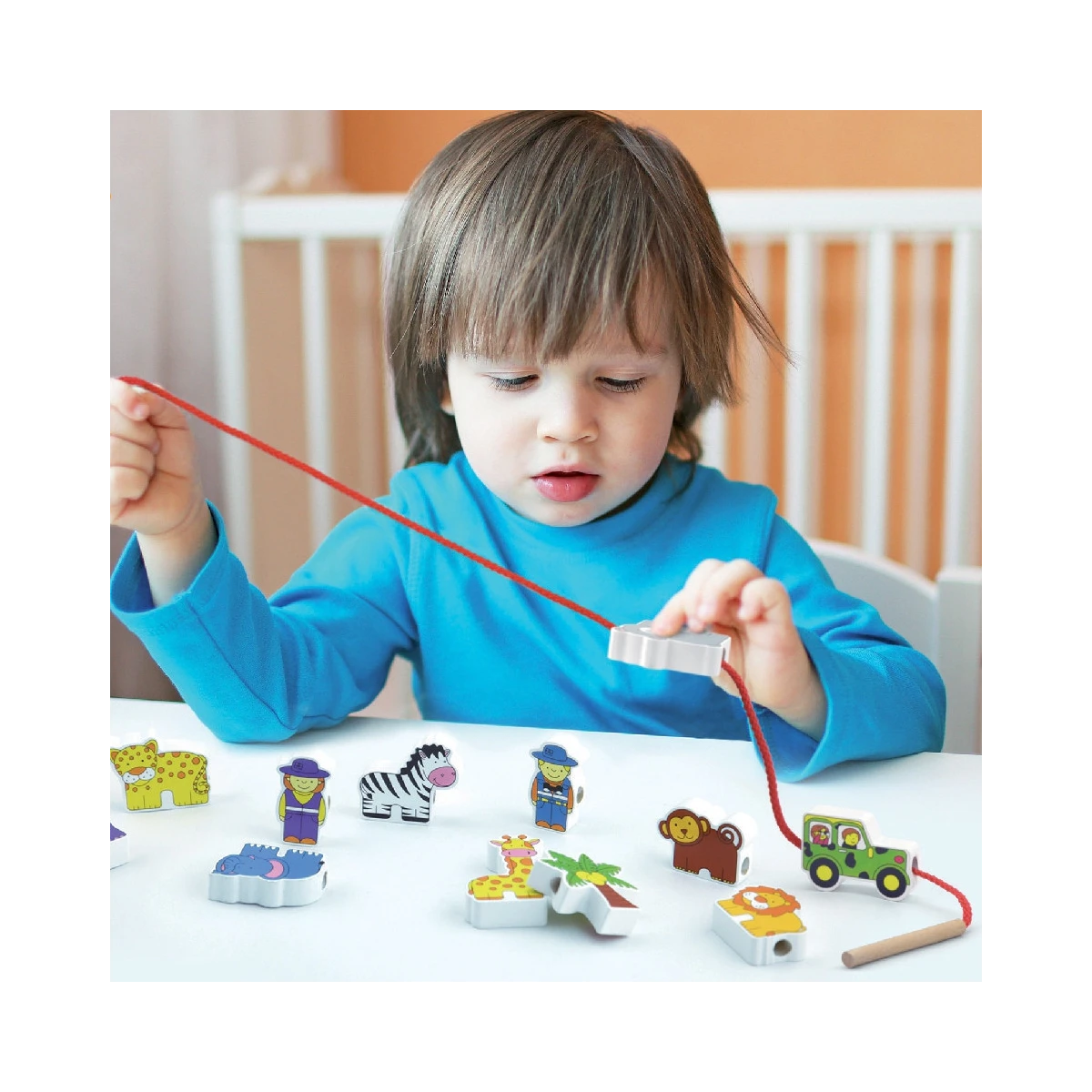 VIGA Drewniana Przeplatanka Klocki Farma do Nawlekania Montessori
