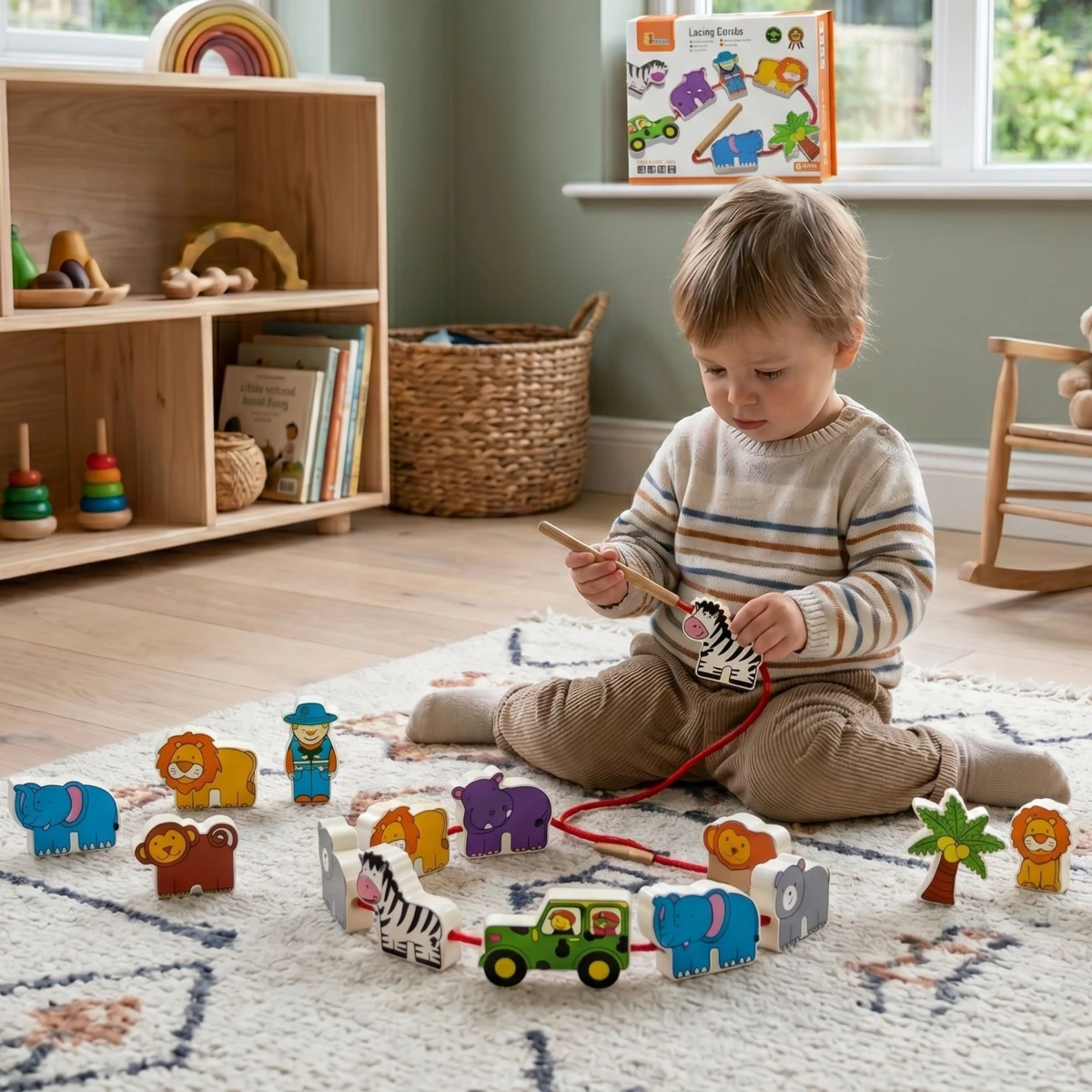 VIGA Drewniana Nawlekanka Przeplatanka Klocki Safari ZOO Montessori