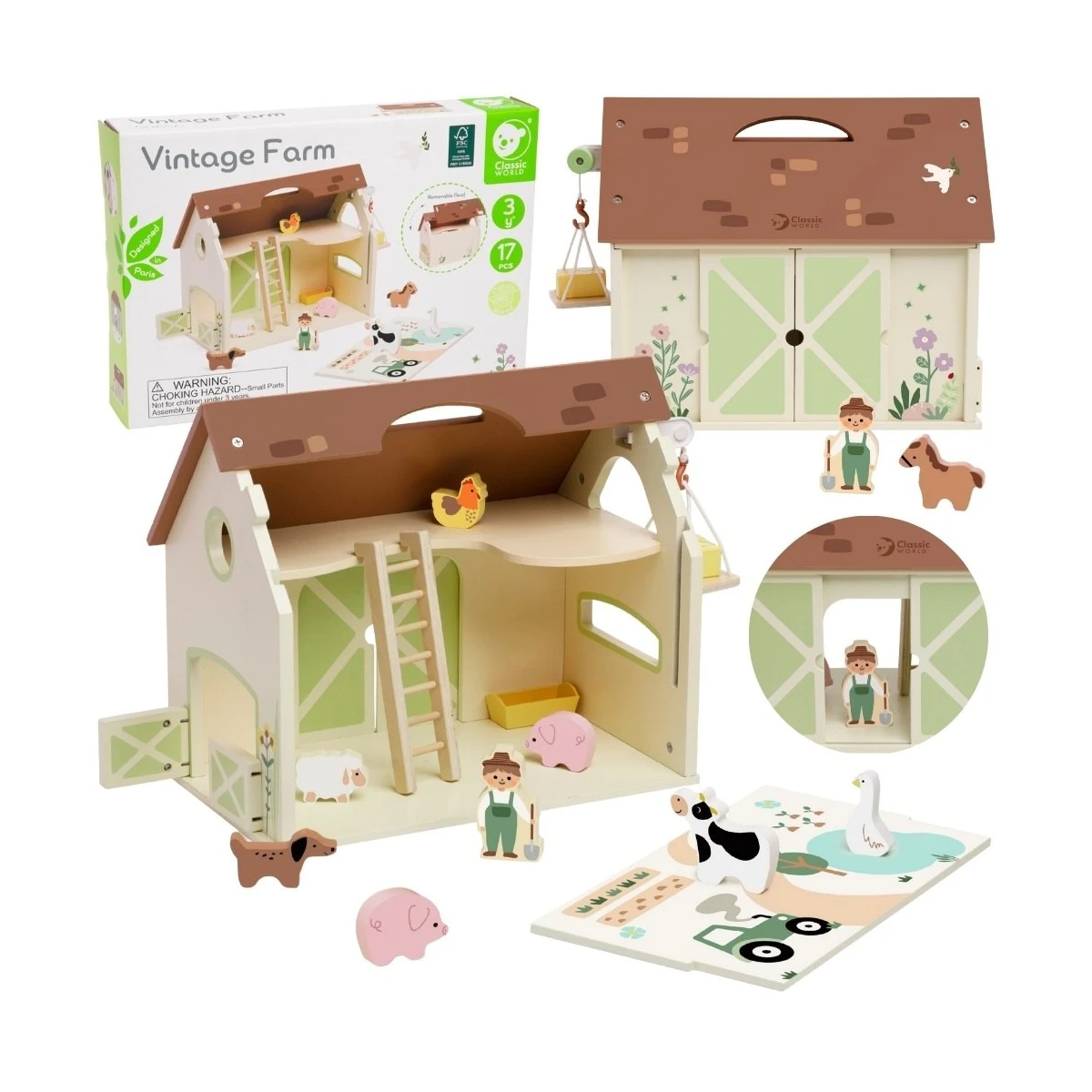 CLASSIC WORLD Drewniany Domek Farma Vintage Zestaw Figurek 17 el.