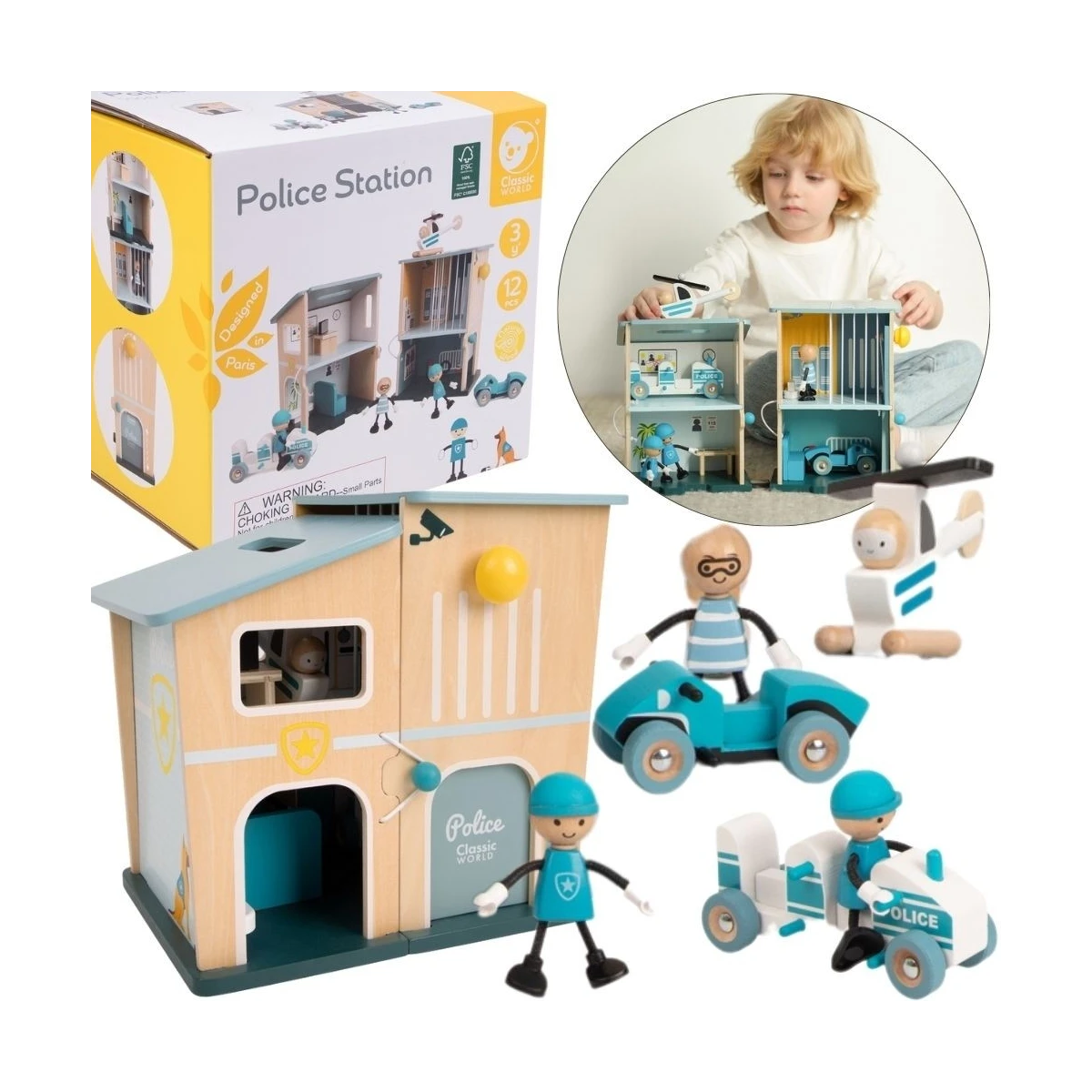 CLASSIC WORLD Posterunek Policji Drewniany Samochód Helikopter FIgurki 12el.