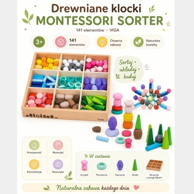 VIGA Klocki Drewniane Edukacyjne Układanka Montesori Sorter 141el.