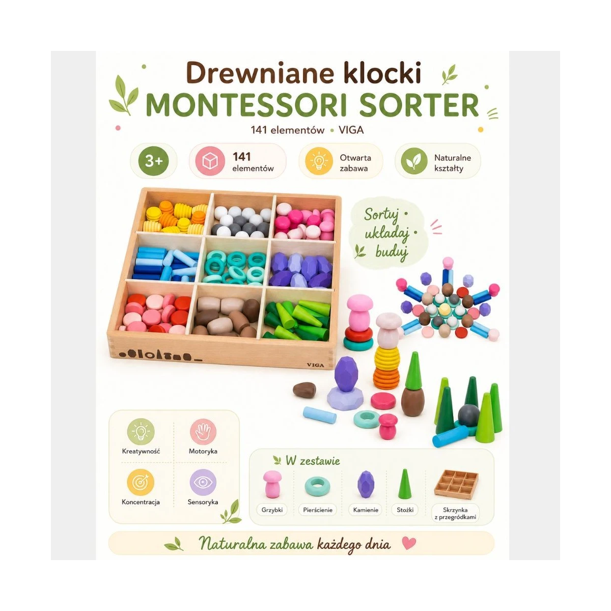 VIGA Klocki Drewniane Edukacyjne Układanka Montesori Sorter 141el.