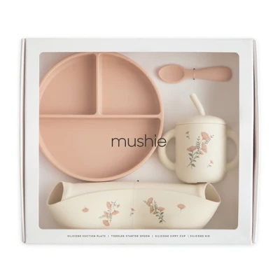 Mushie Silikonowy zestaw obiadowy dla niemowlaka Pink Flowers
