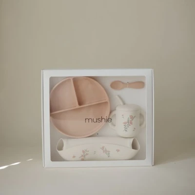 Mushie Silikonowy zestaw obiadowy dla niemowlaka Pink Flowers