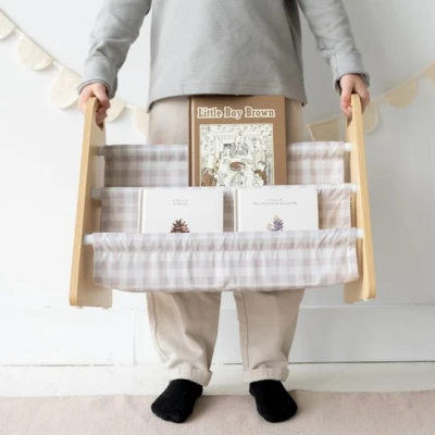 3 Sprouts Stojak na Książki dla Dzieci Przenośny Gingham Beige