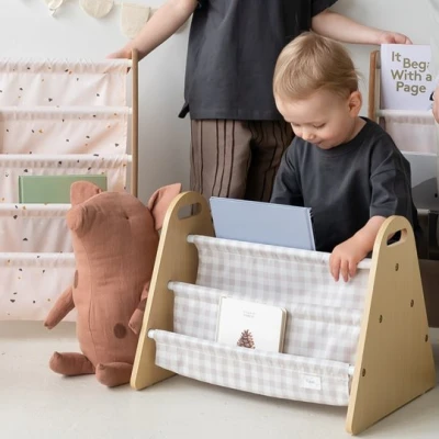 3 Sprouts Stojak na Książki dla Dzieci Przenośny Gingham Beige