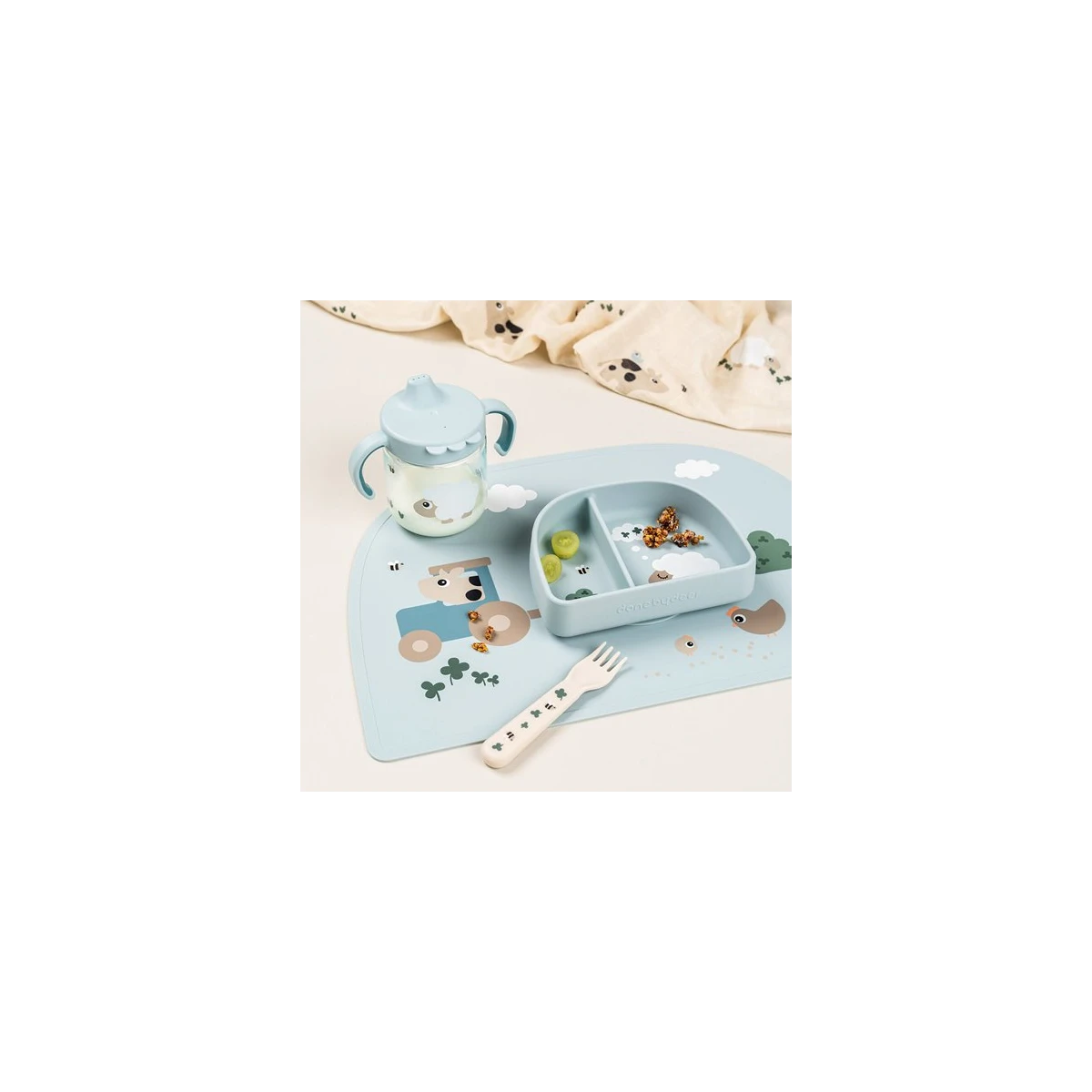 Done by Deer Kubek Niekapek z Uchwytami 260ml Tiny Farm Blue