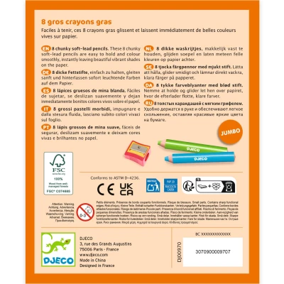 DJECO Zestaw 8 grubych kredek z temperówką