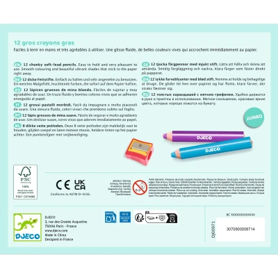 DJECO Zestaw 12 grubych kredek z temperówką