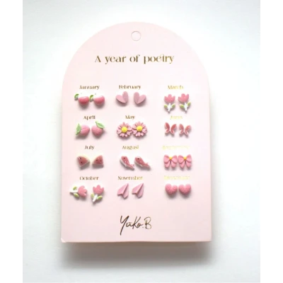 YUKO B. Kolczyki „ROK POEZJI” – Różowe 12 par (wersja francuska)