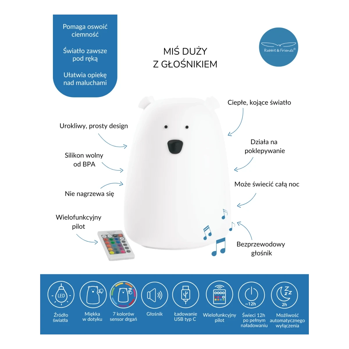 RABBIT & FRIENDS Miś Duży Lampka Silikonowa z Głośnikiem Biała | Pan Piksel