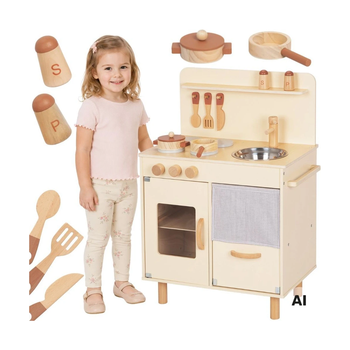 TOOKY TOY Drewniana Beżowa Kuchnia z Akcesoriami
