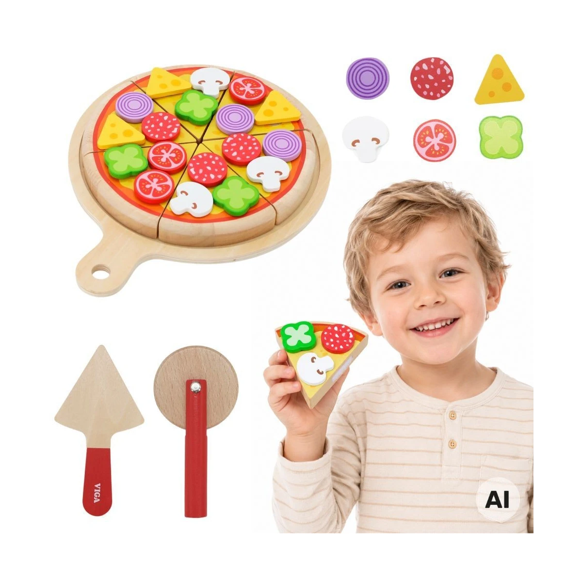 VIGA Drewniana Pizza Do Krojenia Zestaw kuchenny 27 el. Dla Dzieci 18M+