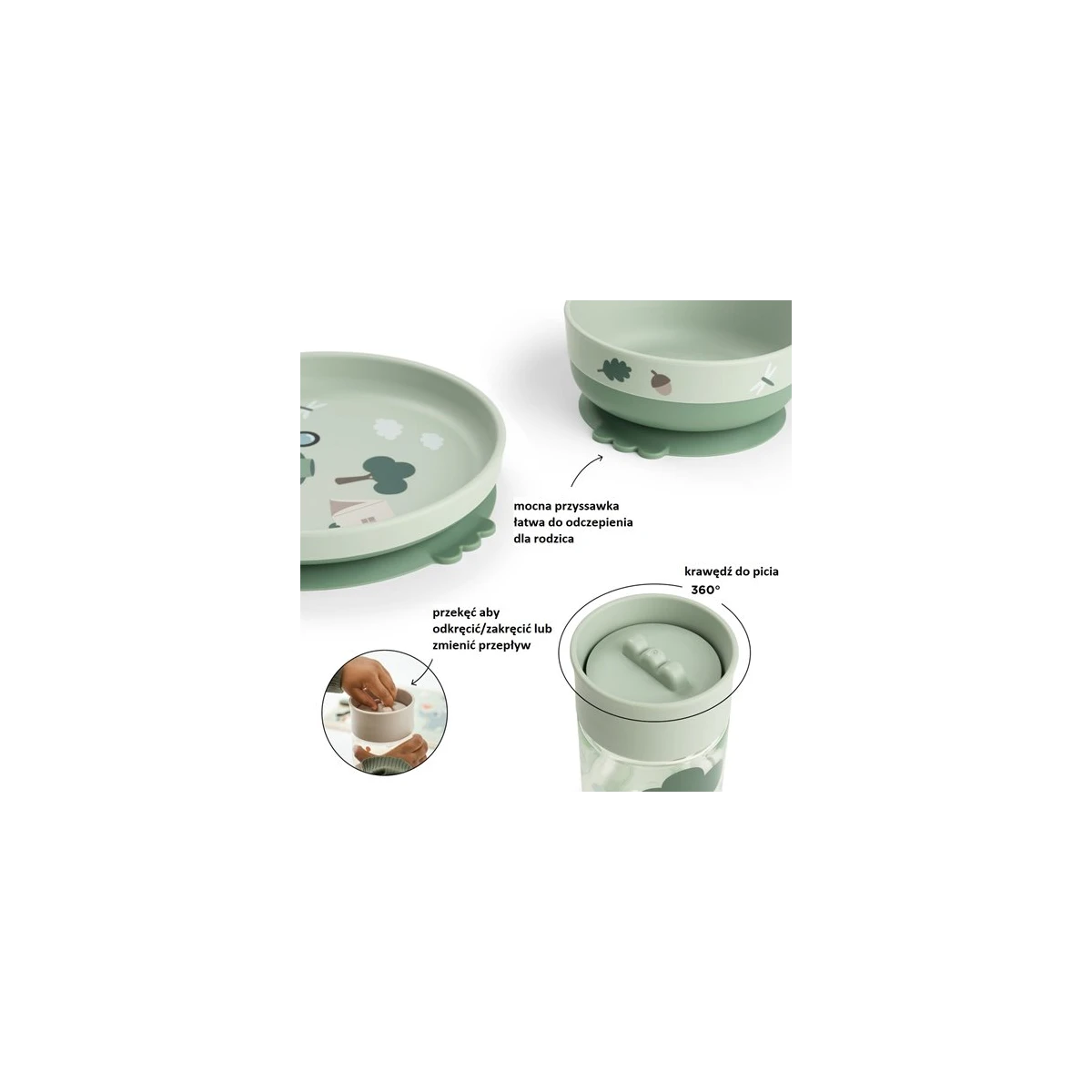 Done by Deer Zestaw naczyń z kubkiem 360° Foodie Tiny Trails Gree