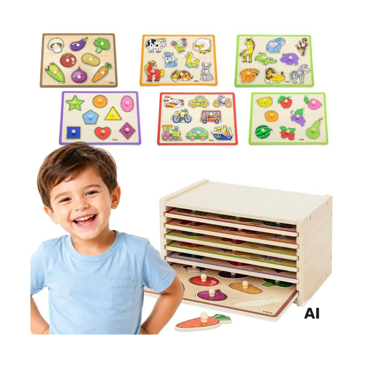 VIGA Drewniane Puzzle z Uchwytami i Półką 7 el.