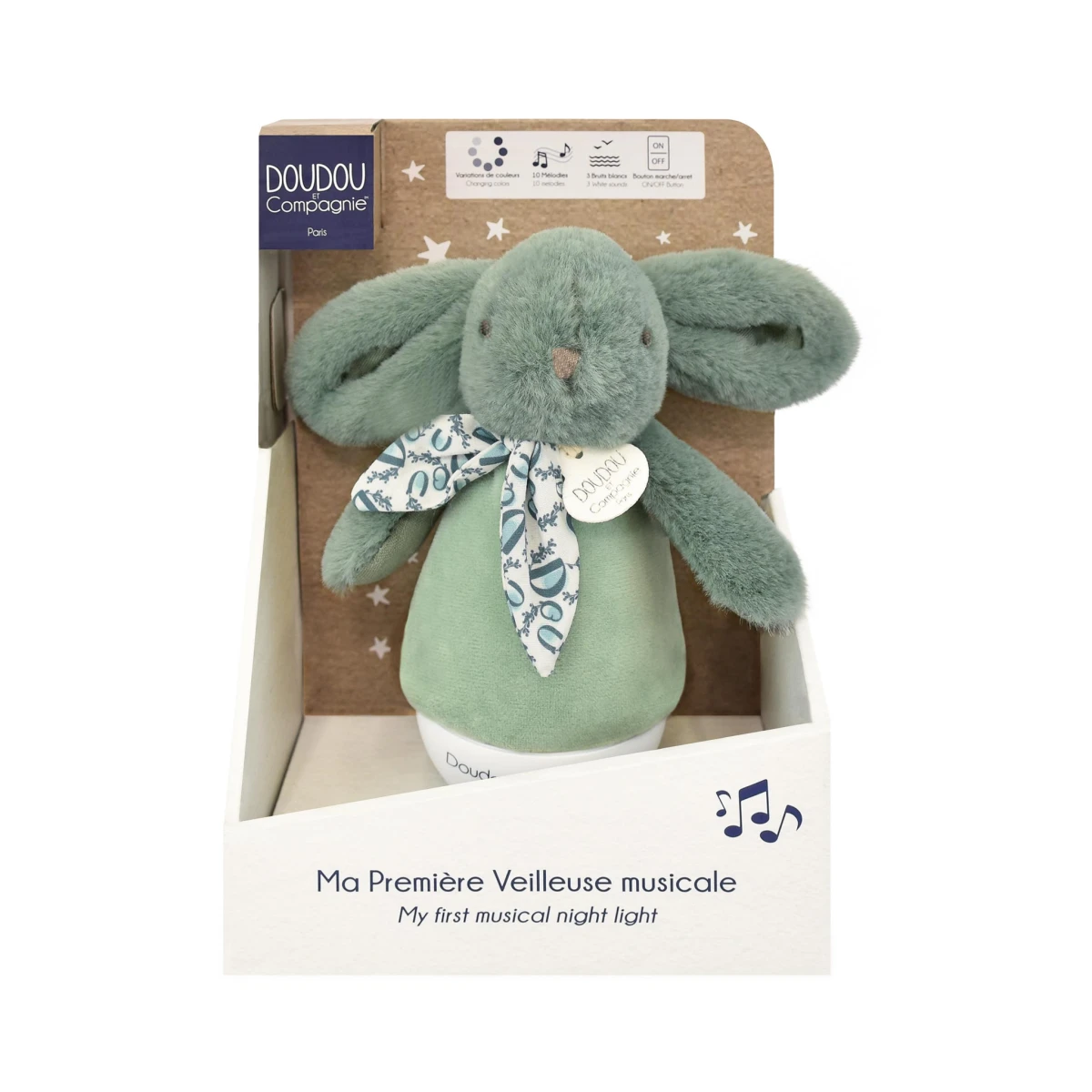 DOUDOU ET COMPAGNIE DOUDOU lampka nocna muzyczna Lapin Doudou Culbuto  16 cm zielony szałwiowy