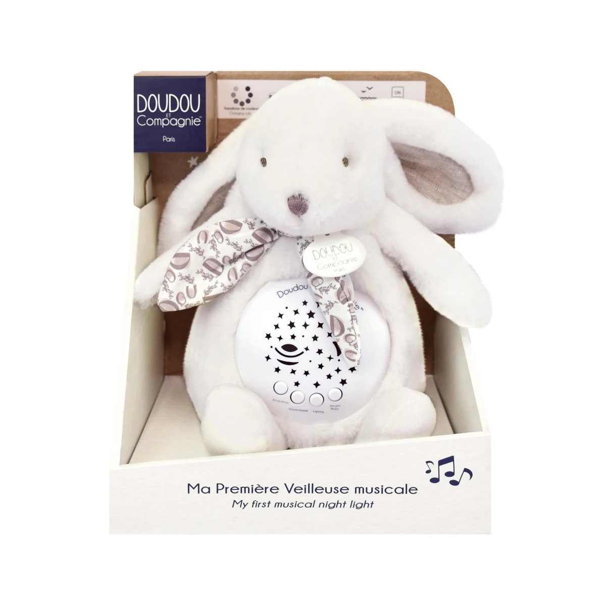 DOUDOU ET COMPAGNIE DOUDOU lampka projektor muzyczny króliczek Lapin Doudou Projection  19 cm biały