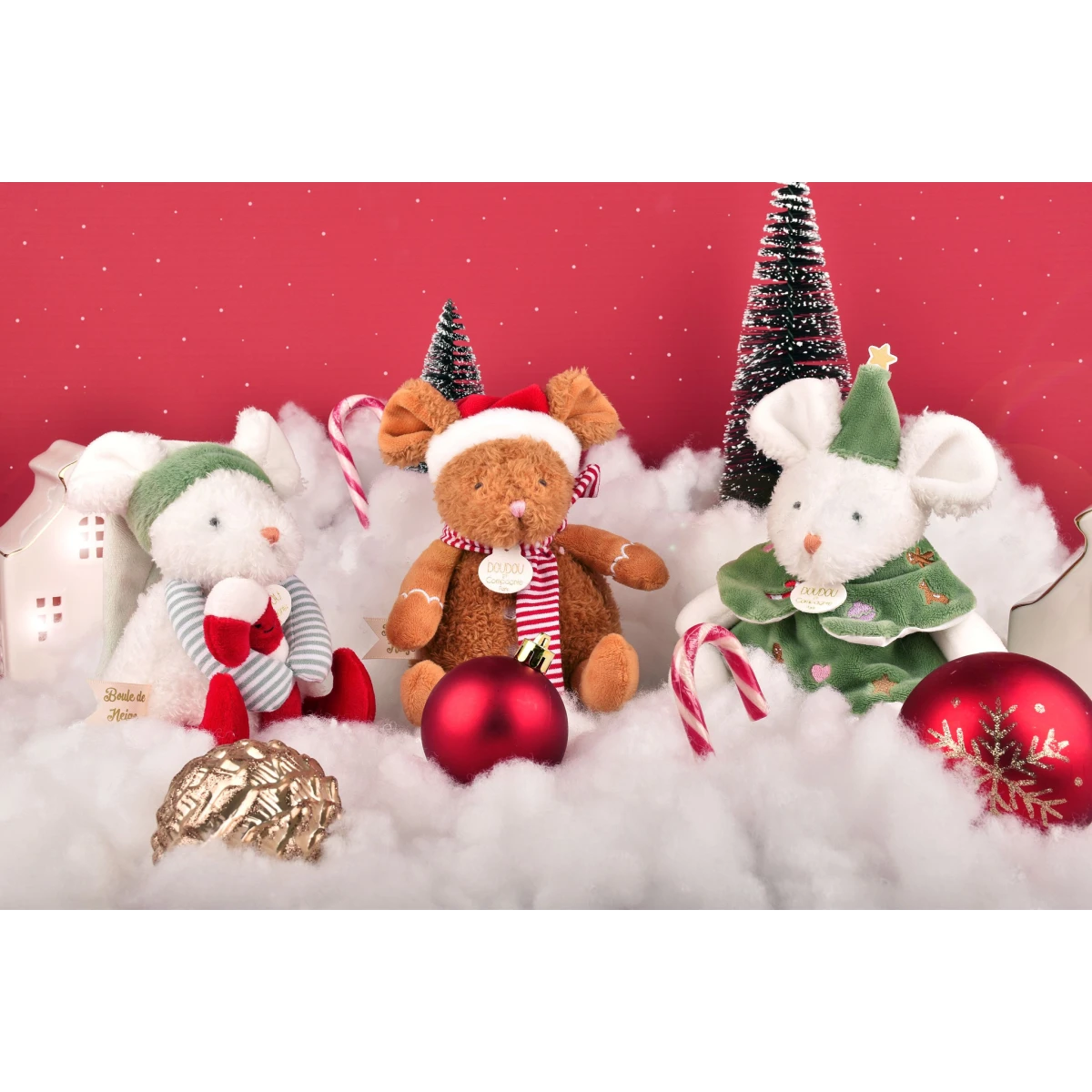 DOUDOU ET COMPAGNIE DOUDOU przytulanki myszki świąteczne Boule de Neige  15 cm 6 szt. ZESTAW