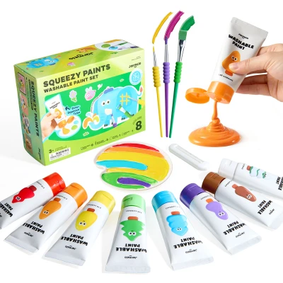 Jarmelo Paints — farby plakatowe dla dzieci nie barwią dłoni 8 kolorów 3 pędzle paleta 3+