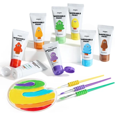 Jarmelo Paints — farby plakatowe dla dzieci nie barwią dłoni 8 kolorów 3 pędzle paleta 3+