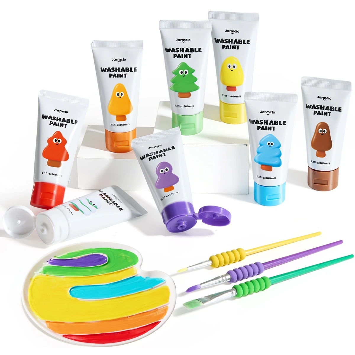 Jarmelo Paints — farby plakatowe dla dzieci nie barwią dłoni 8 kolorów 3 pędzle paleta 3+