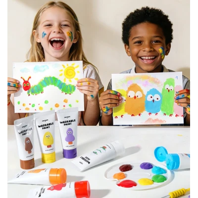Jarmelo Paints — farby plakatowe dla dzieci nie barwią dłoni 8 kolorów 3 pędzle paleta 3+