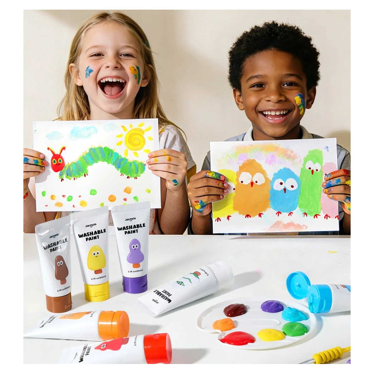 Jarmelo Paints — farby plakatowe dla dzieci nie barwią dłoni 8 kolorów 3 pędzle paleta 3+