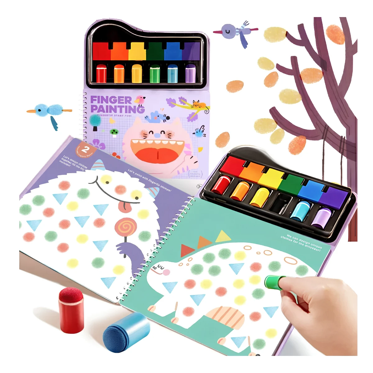 Jarmelo Finger Painting — kreatywna książeczka do malowania palcami szablony nakładki piankowe stempelkowe 6 kolorów