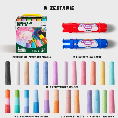 Jarmelo Rainbow Wow Kreda chodnikowa Jumbo 24 kol. w tym brokat 2 uchwyty zmywalna 3+
