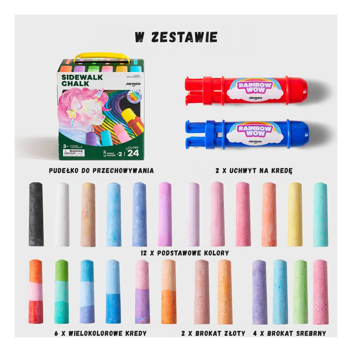 Jarmelo Rainbow Wow Kreda chodnikowa Jumbo 24 kol. w tym brokat 2 uchwyty zmywalna 3+