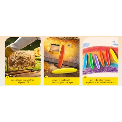 Jarmelo Banana Crayons kredki z wosku pszczelego w kształcie bananów 12 kolorów łatwy chwyt 1+