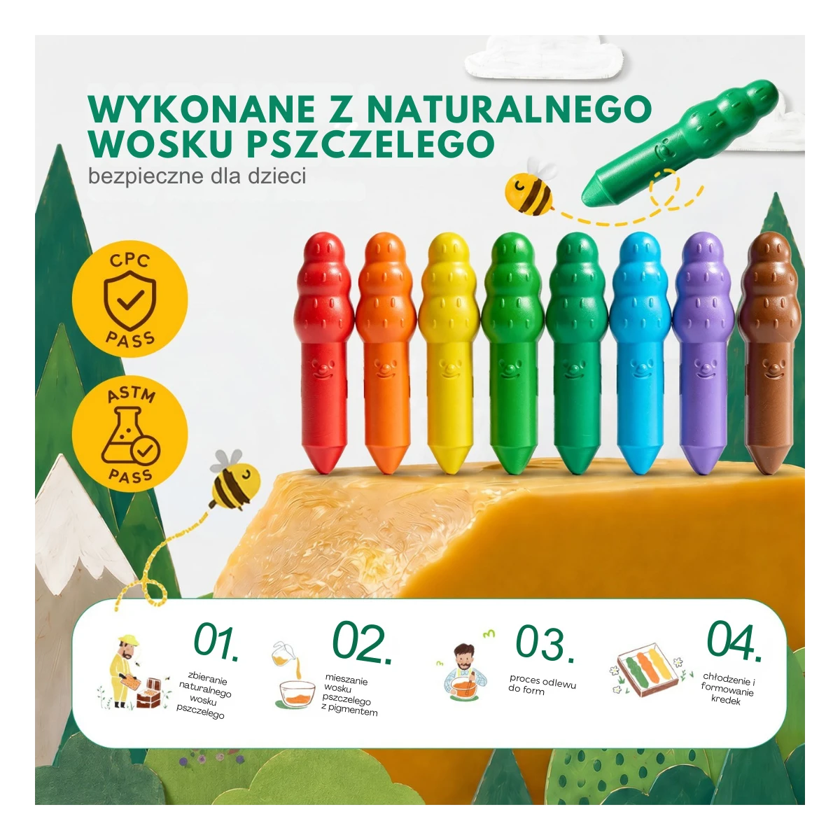 Jarmelo Leśne duszki Jumbo Crayons — wzmocnione grube kredki z wosku pszczelego 8 kolorów 1+