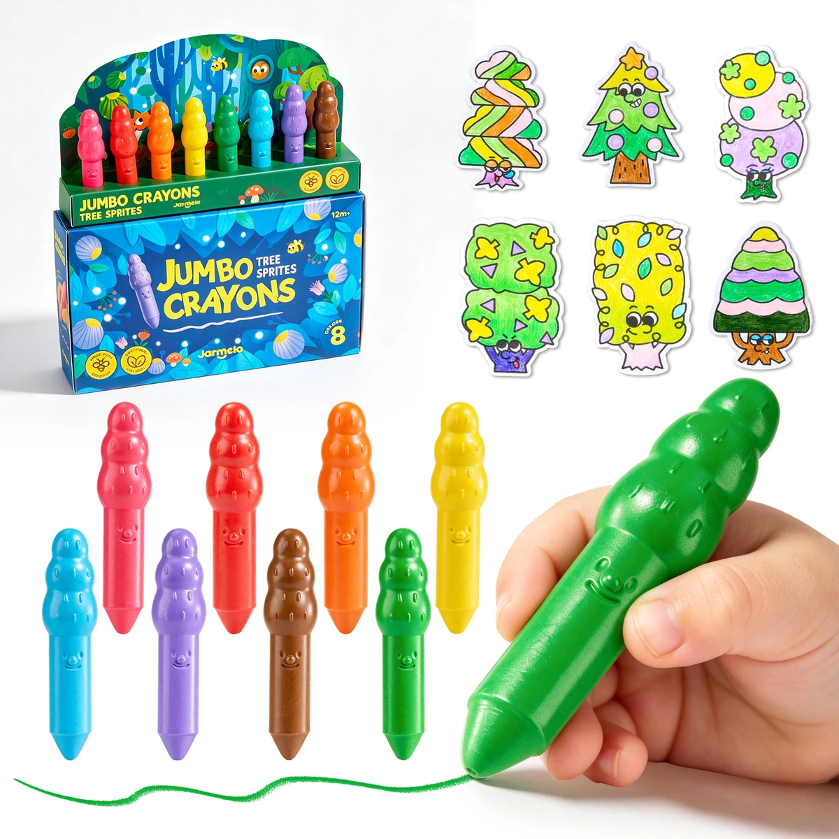 Jarmelo Leśne duszki Jumbo Crayons — wzmocnione grube kredki z wosku pszczelego 8 kolorów 1+