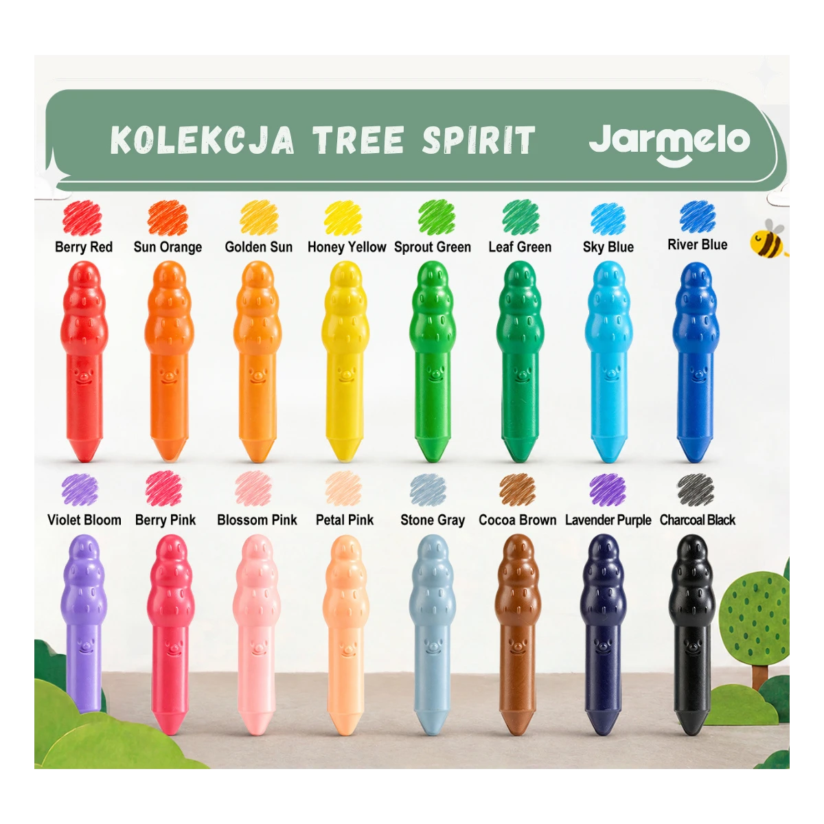 Jarmelo Leśne duszki Jumbo Crayons — wzmocnione grube kredki z wosku pszczelego 16 kolorów 1+