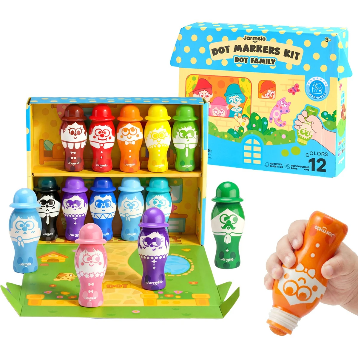 Jarmelo Dot Family — markery stempelkowe bingo dla dzieci łatwy chwyt zmywalne 12 kolorów 3+