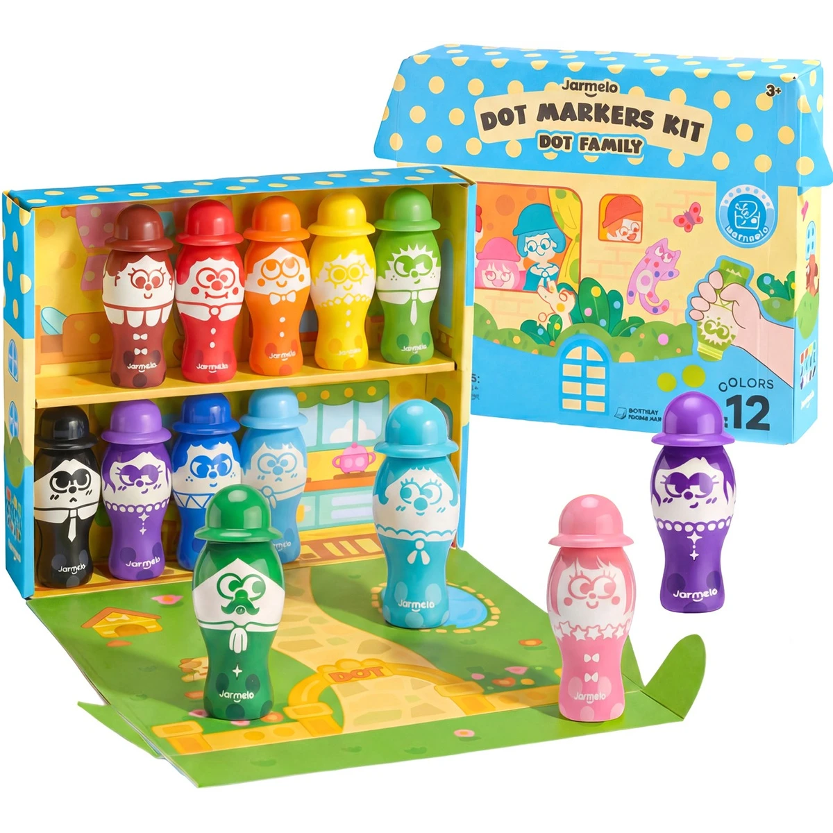 Jarmelo Dot Family — markery stempelkowe bingo dla dzieci łatwy chwyt zmywalne 12 kolorów 3+