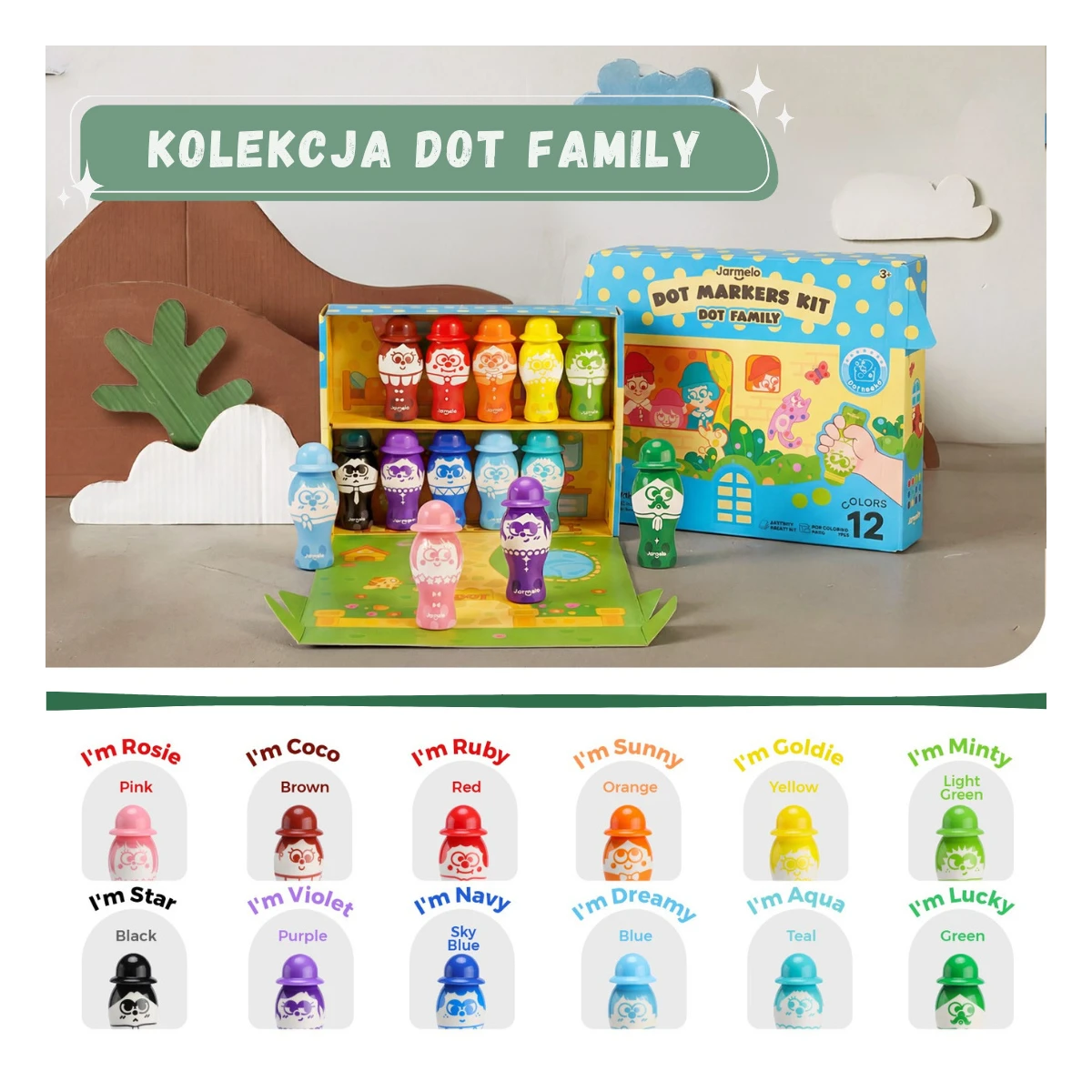 Jarmelo Dot Family — markery stempelkowe bingo dla dzieci łatwy chwyt zmywalne 12 kolorów 3+
