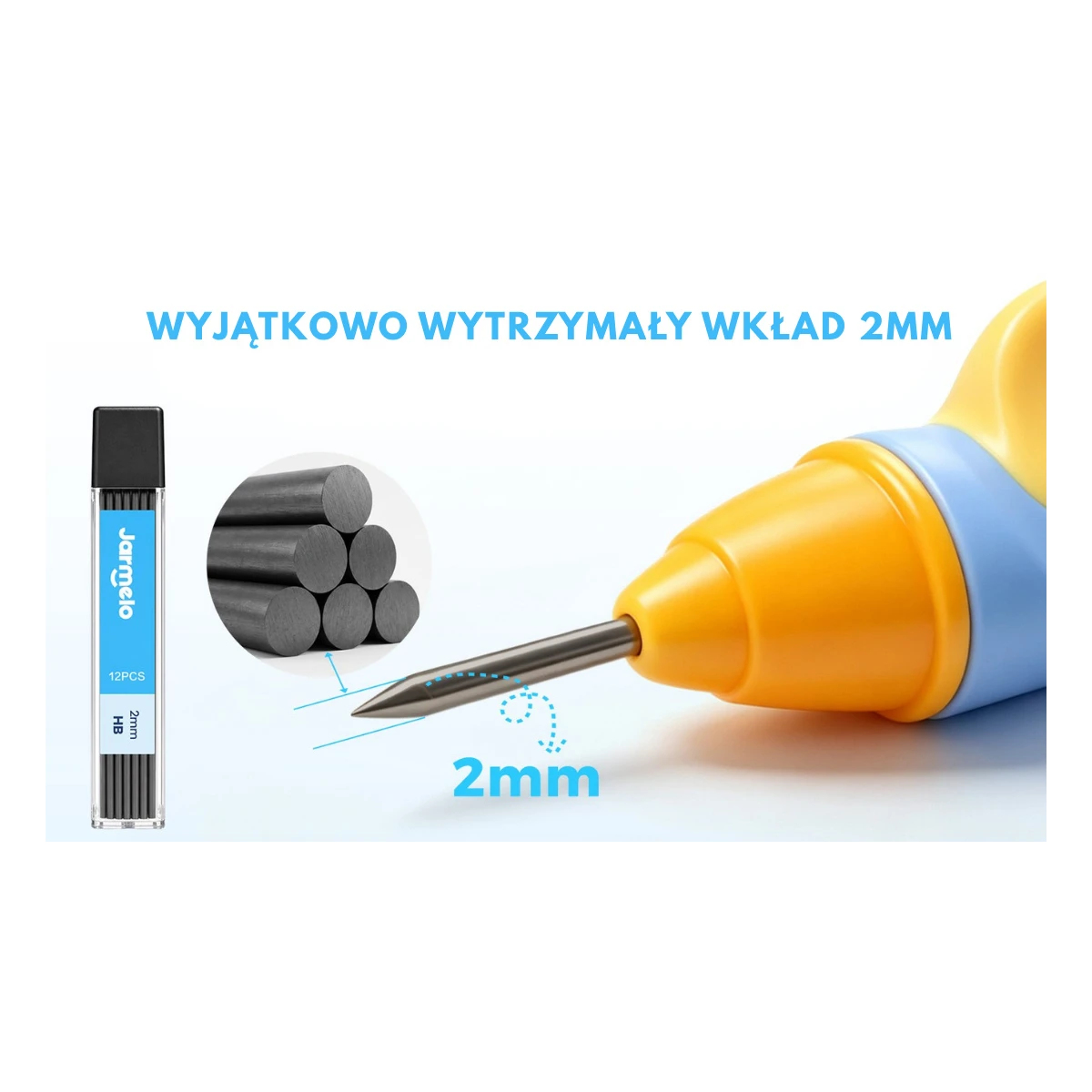 Jarmelo Ołówek Automatyczny WOW Grip 2mm Niebieski – ergonomiczny uchwyt temperówka wkłady grafitowe 12 szt. HB gumka etui